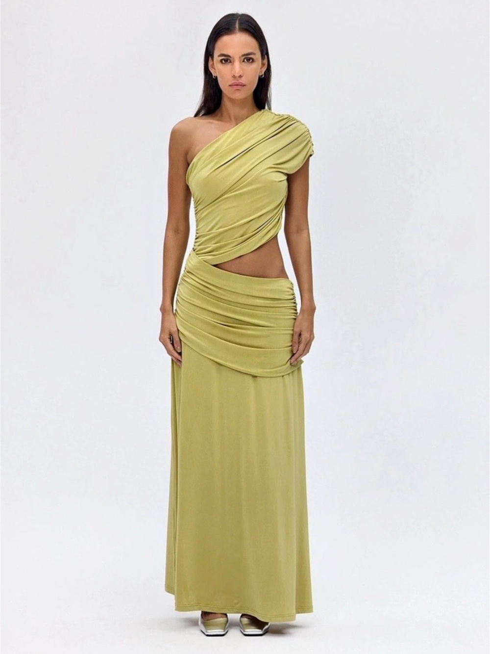 Ruched One-Shoulder Maxi Dress in Green Like New